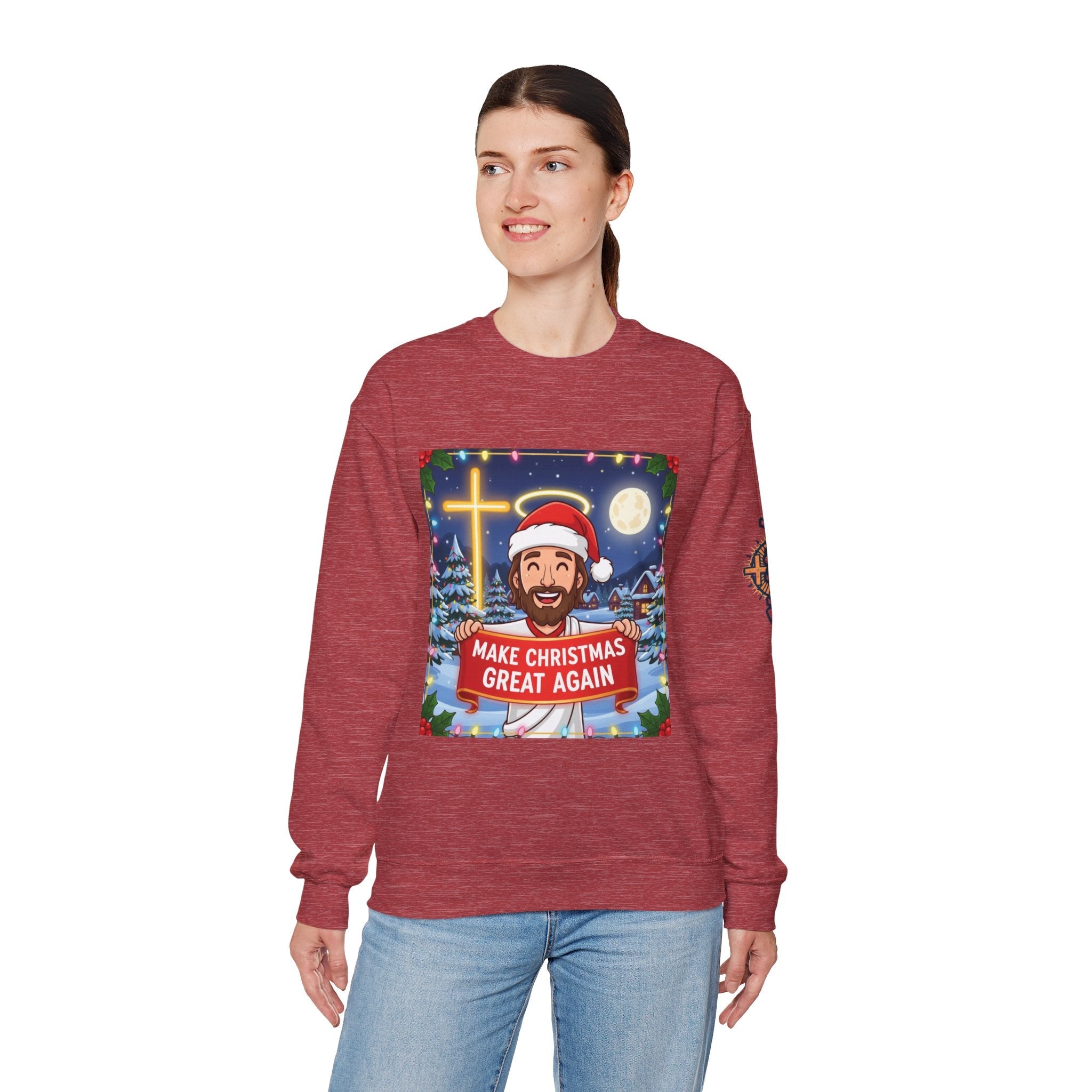 🎄 Make Christmas Great Again – Funny Christian Sweatshirt | Jesus Holding Banner | Faith-Based Holiday Parody Tee | Uplifted Gear Printify