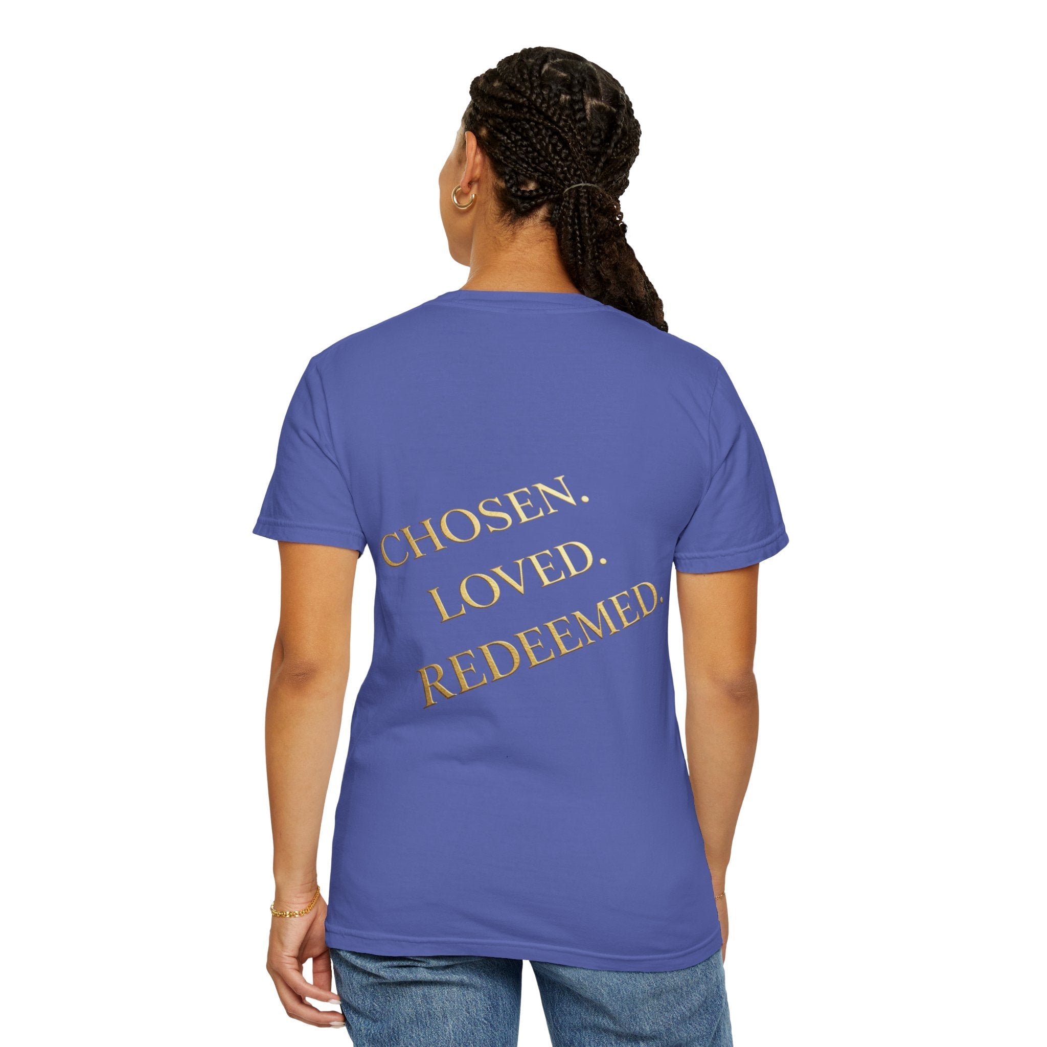 ✨ Chosen. Loved. Redeemed. – Elegant Christian T-Shirt | Gold Foil Faith Tee | Subtle Cross & Heart Design | Inspirational Bible Verse Apparel by Uplifted Gear Printify