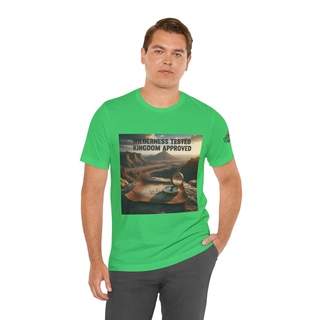 Wilderness Tested Kingdom Approved T-shirt – Mountain Desert Compass Crown Christian T-shirt for Biblical Adventure Faith Printify