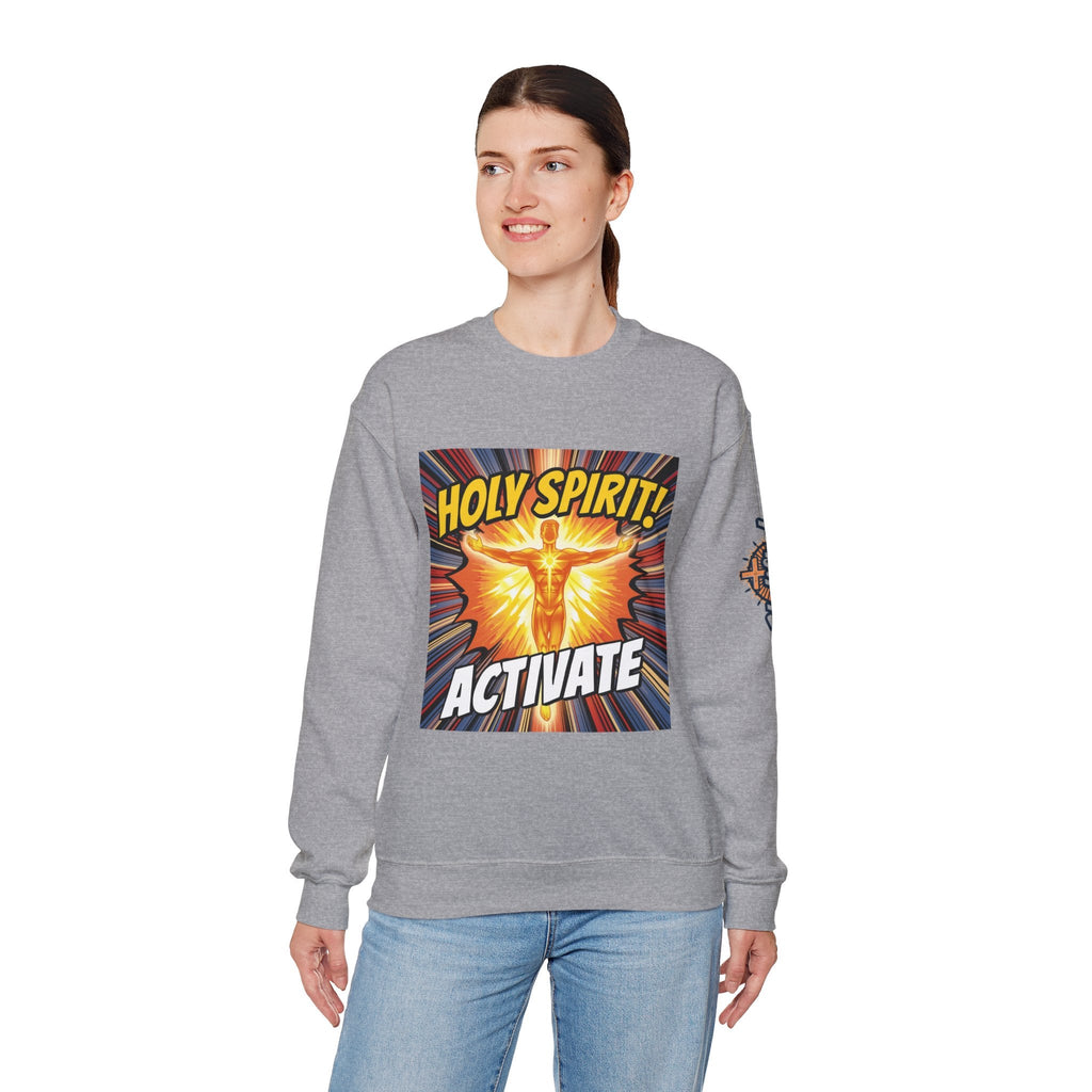Holy Spirit Activate Sweatshirt – Superhero Christian Sweatshirt with Vibrant Power-Up Design for Faith-Fueled Boldness Printify