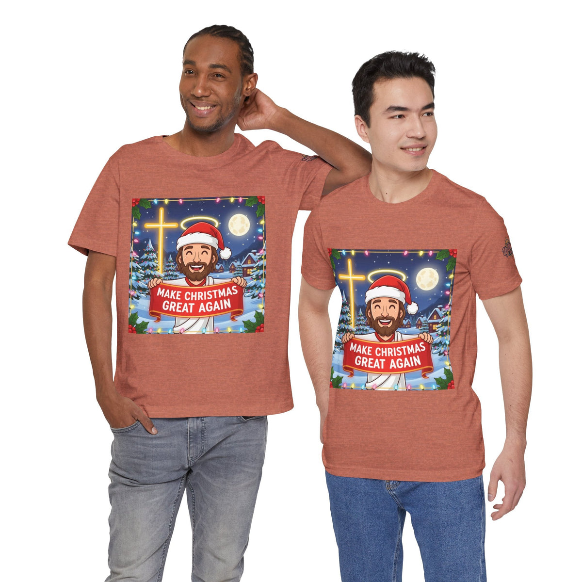 🎄 Make Christmas Great Again – Funny Christian T-Shirt | Jesus Holding Banner | Faith-Based Holiday Parody Tee | Uplifted Gear Printify