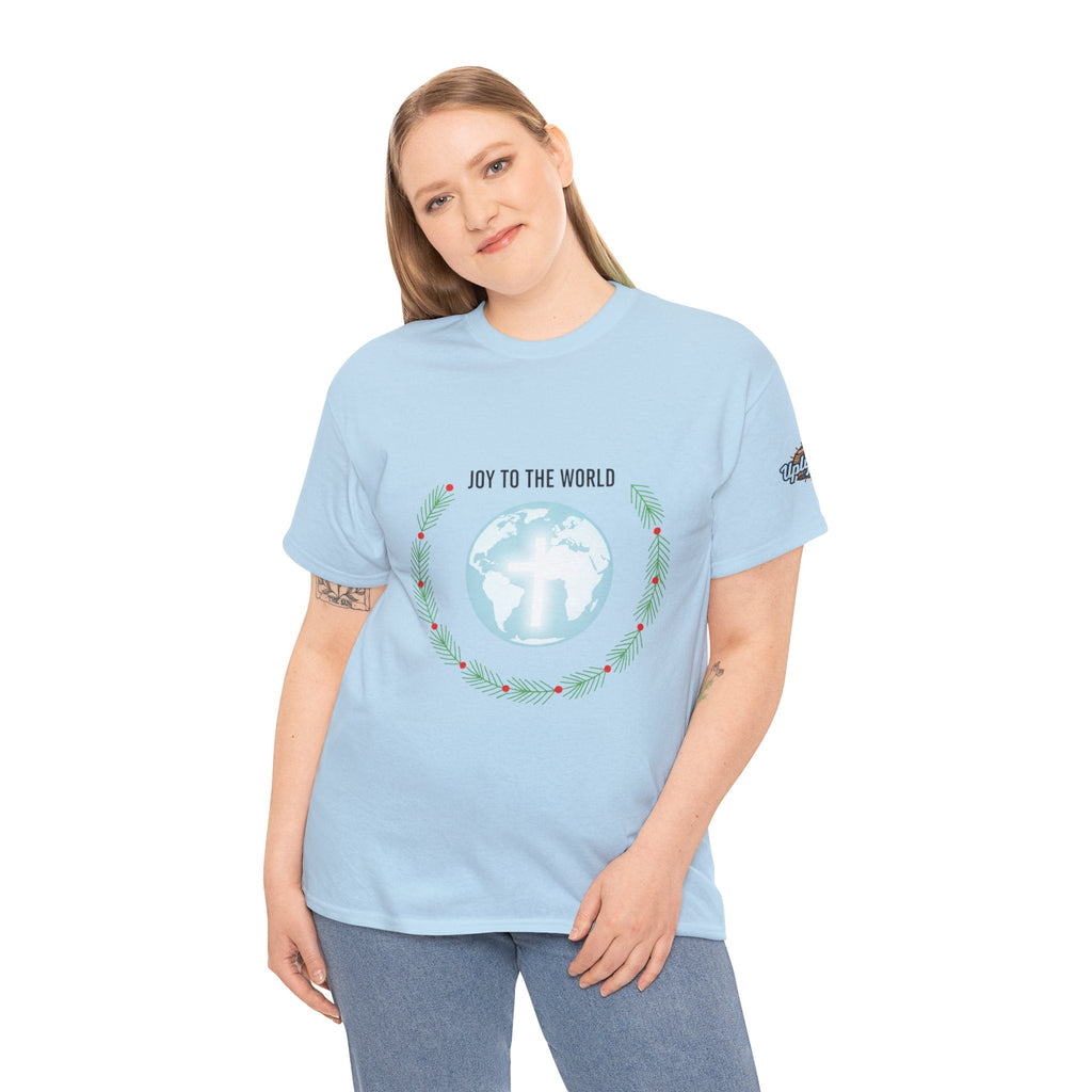 Joy to the World T-shirt – Wreath Earth Nativity Christian Christmas T-shirt for Isaiah 9:6 Holiday Faith & Festive Joy Printify