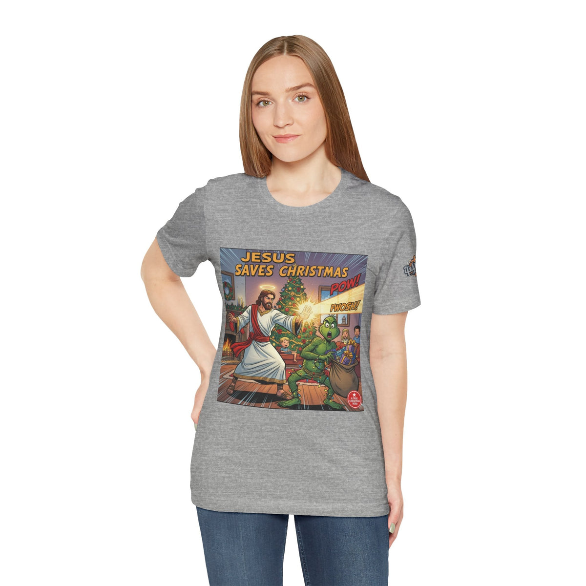 Jesus Saves Christmas T-shirt – Grinch vs Savior Light Battle Christian T-shirt for Hilarious Holiday Faith & True Joy Printify