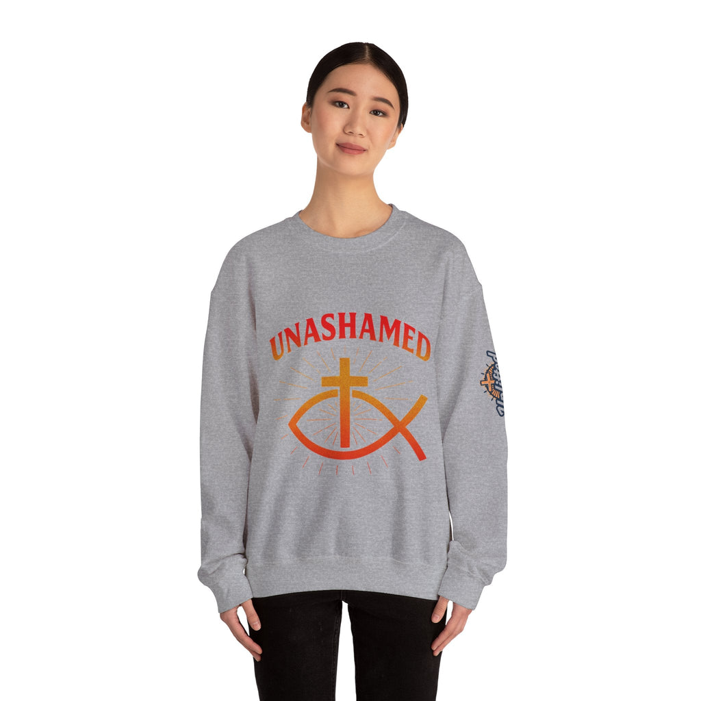Unashamed Sweatshirt – Ichthys Jesus Fish & Cross Christian Sweatshirt for Romans 1:16 Bold Faith Printify