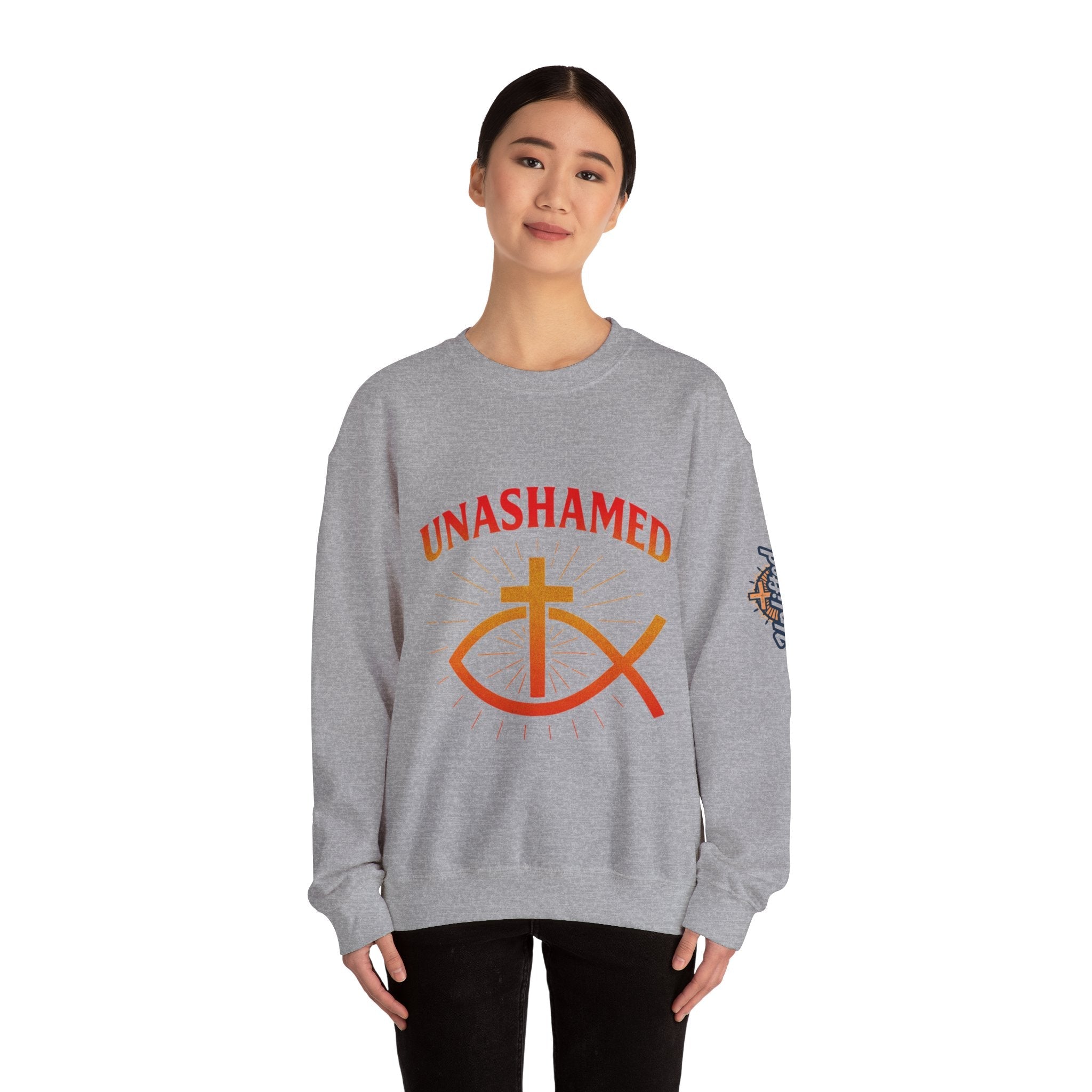 Unashamed Sweatshirt – Ichthys Jesus Fish & Cross Christian Sweatshirt for Romans 1:16 Bold Faith Printify