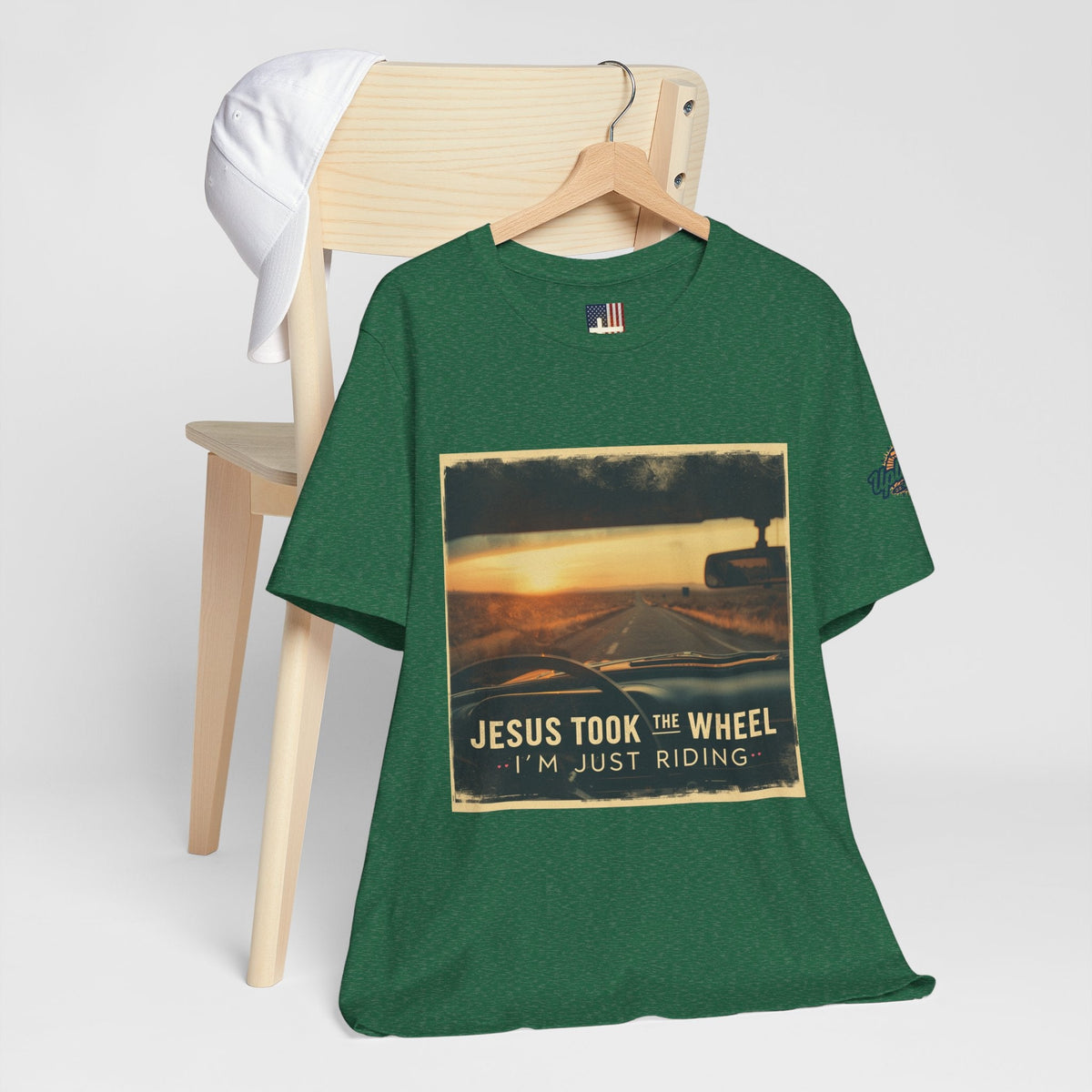 Jesus Took the Wheel I'm Just Riding T-shirt – Funny Christian Convertible Car T-shirt for Surrendered Faith & Humor Printify
