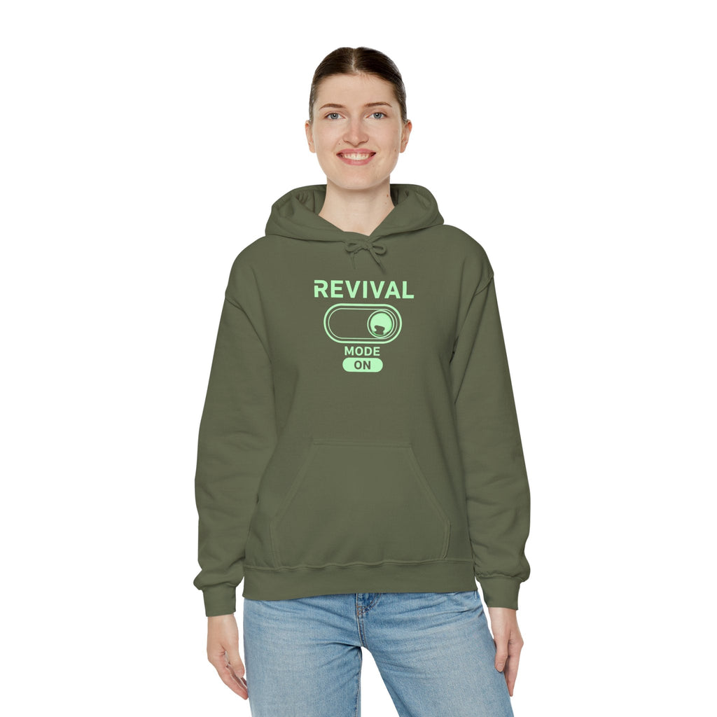 🔥 Revival Mode: ON – Christian Techwear Hoodie | Glowing Green Faith Switch | Futuristic Jesus Shirt | Activate Your Spiritual Awakening | Uplifted Gear Printify