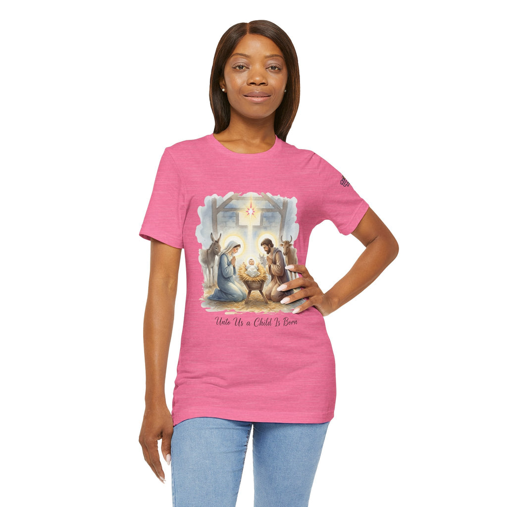 Unto Us a Child is Born T-shirt – Isaiah 9:6 Nativity Manger Scene Christian Christmas T-shirt for Holy Night Faith Printify