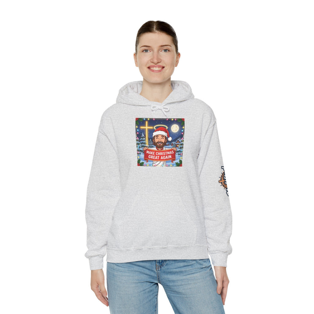 🎄 Make Christmas Great Again – Funny Christian Hoodie | Jesus Holding Banner | Faith-Based Holiday Parody Tee | Uplifted Gear Printify