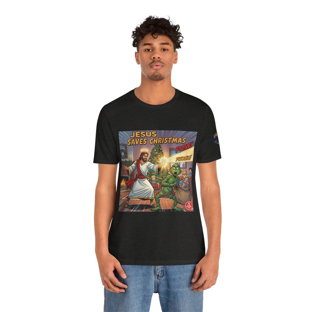Jesus Saves Christmas T-shirt – Grinch vs Savior Light Battle Christian T-shirt for Hilarious Holiday Faith & True Joy Printify