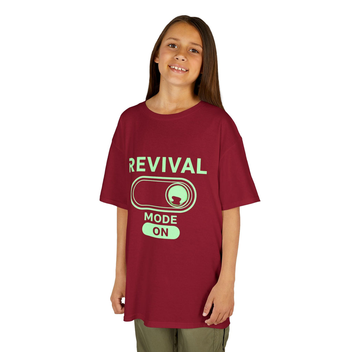 🔥 Revival Mode: ON – Christian Techwear Kids T-Shirt | Glowing Green Faith Switch | Futuristic Jesus Shirt | Activate Your Spiritual Awakening | Uplifted Gear Printify