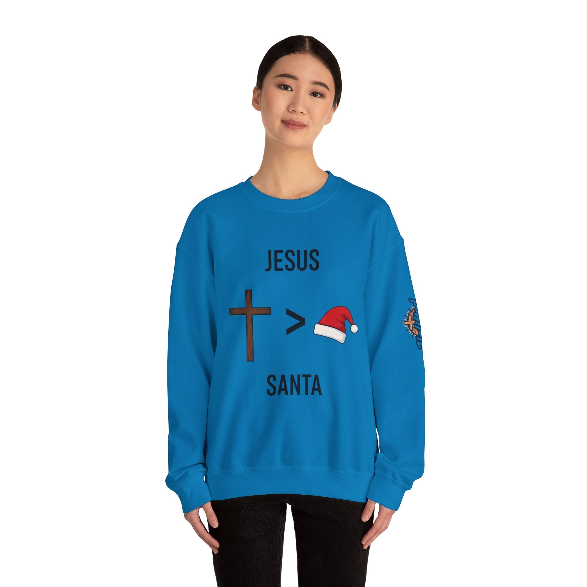 🎄 Jesus > Santa – Minimalist Christian Christmas Sweatshirt | Bold Faith Over Holiday Tee | Cross vs Santa Hat Design | Uplifted Gear Printify