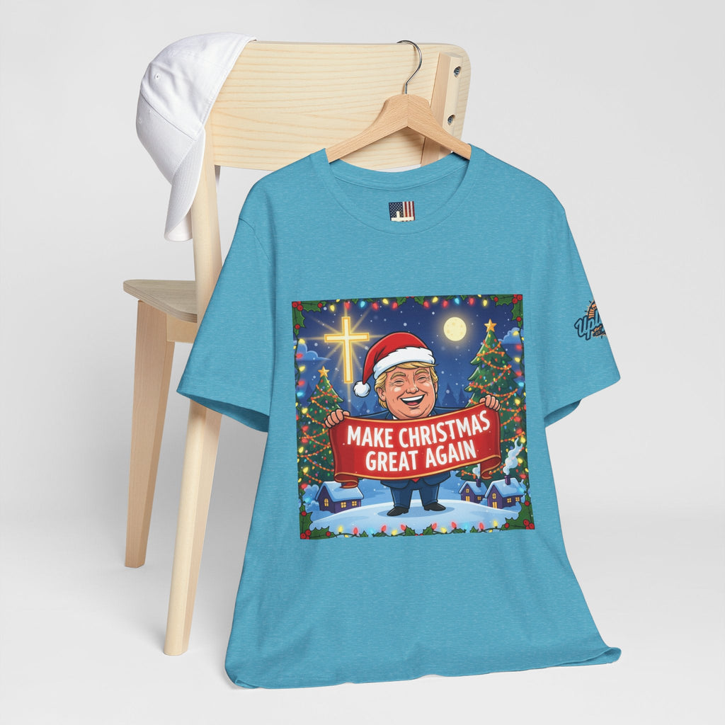 🎄 Make Christmas Great Again – Patriotic Christian Christmas T-Shirt | Bold Holiday Faith Tee | Red & White Banner Design | Uplifted Gear Printify