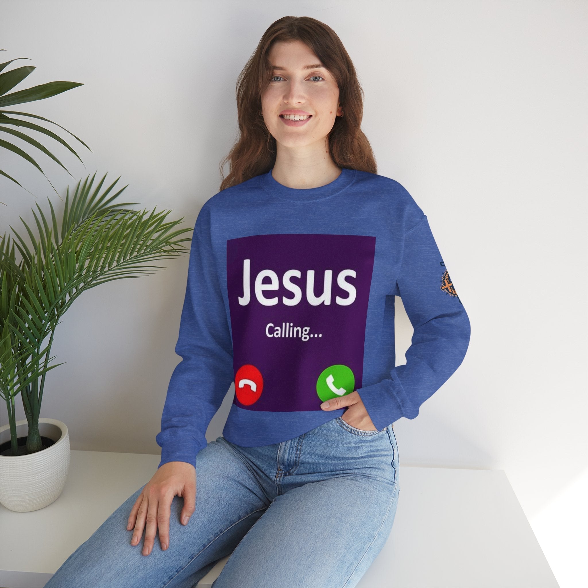 Jesus Calling Sweatshirt – Funny Cell Phone Screen Christian Sweatshirt for Divine Connection & Faith Humor Printify