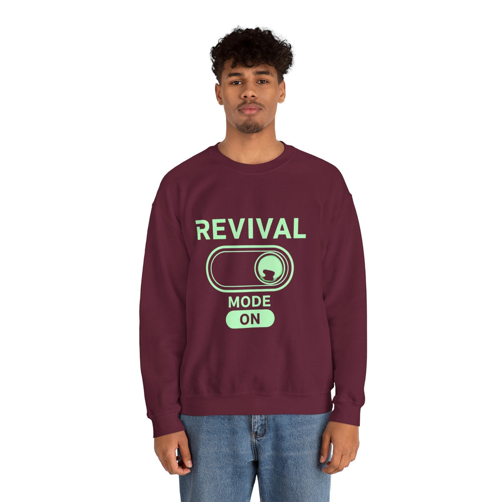 🔥 Revival Mode: ON – Christian Techwear Sweatshirt | Glowing Green Faith Switch | Futuristic Jesus Shirt | Activate Your Spiritual Awakening | Uplifted Gear Printify