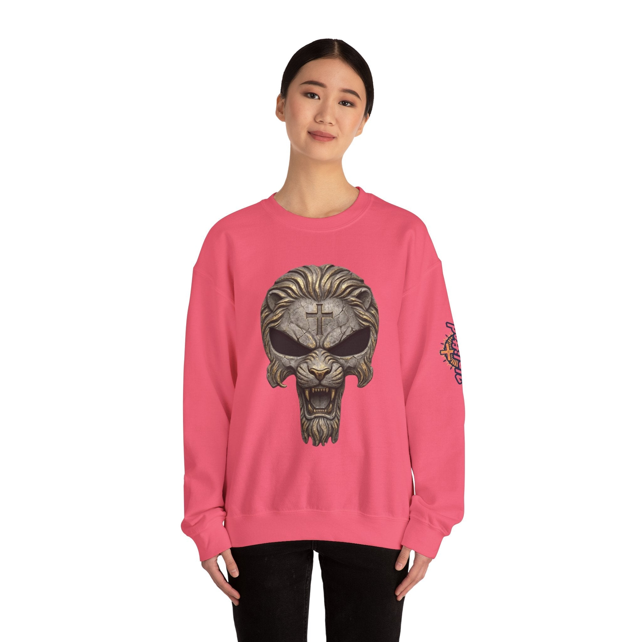 Lion of Judah Skull Christian Sweatshirt - Warrior Faith Cross Sweatshirt Printify
