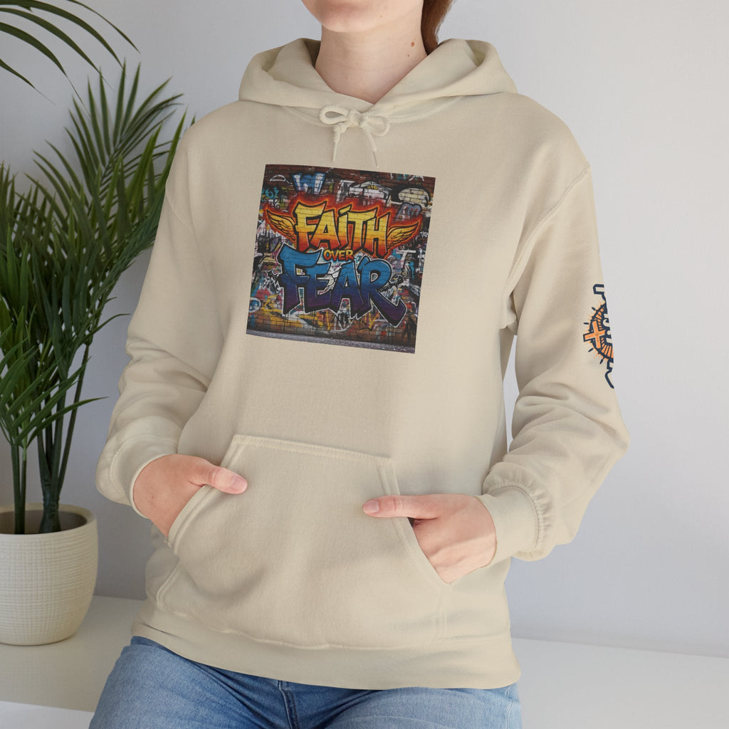 Faith Over Fear Hoodie – Graffiti Wall Christian Sweatshirt for Bold 2 Corinthians 5:7 Streetwear & Unshakable Faith Printify