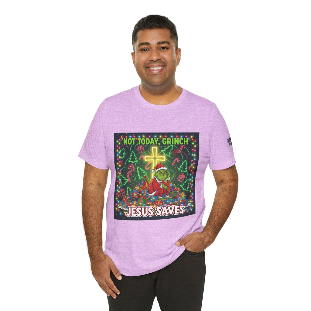🎄 Not Today, Grinch – Jesus Saves | Funny Christian Christmas T-Shirt | Festive Green & Red Cartoon Style | Bold Faith Holiday Tee by Uplifted Gear Printify