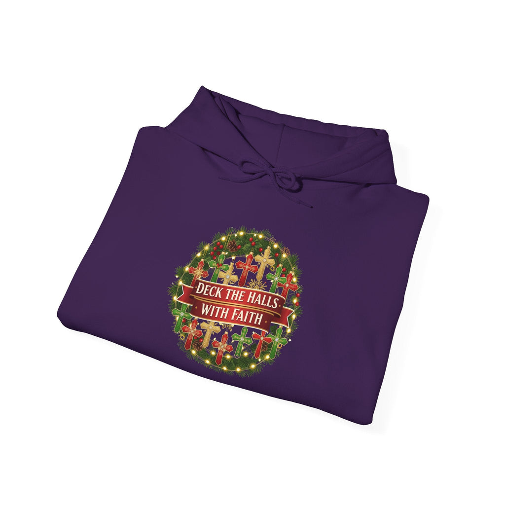 🎄 Deck the Halls with Faith – Christian Christmas Hoodie | Cross Ornament Design & Festive Garland | Bold Holiday Faith Tee by Uplifted Gear Printify