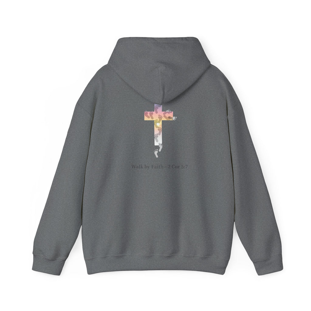 Walk by Faith Hoodie – Cross & Footprints Christian Hoodie for Cozy Inspiration Printify