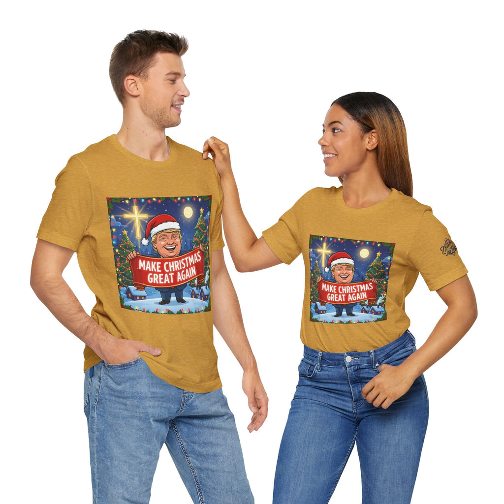 🎄 Make Christmas Great Again – Patriotic Christian Christmas T-Shirt | Bold Holiday Faith Tee | Red & White Banner Design | Uplifted Gear Printify