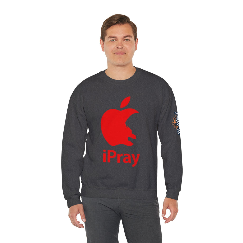 iPray Apple Logo Sweatshirt — Funny Christian Sweatshirt (Minimal Red Apple Graphic) Printify