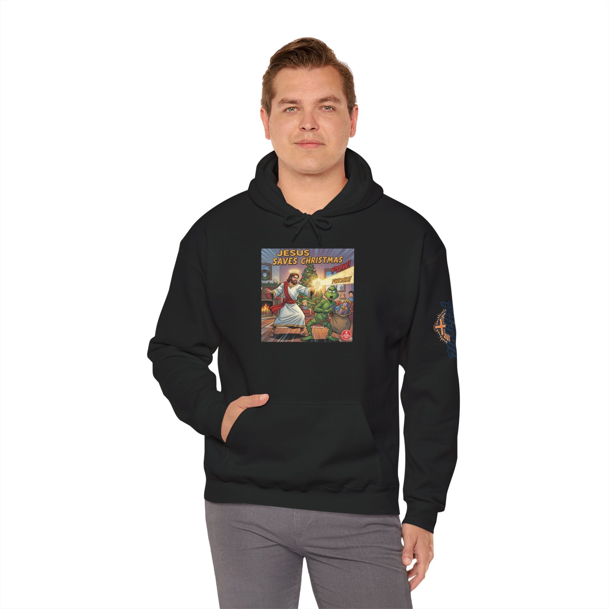 Jesus Saves Christmas Hoodie – Grinch vs Savior Light Battle Christian Sweatshirt for Hilarious Holiday Faith & True Joy Printify