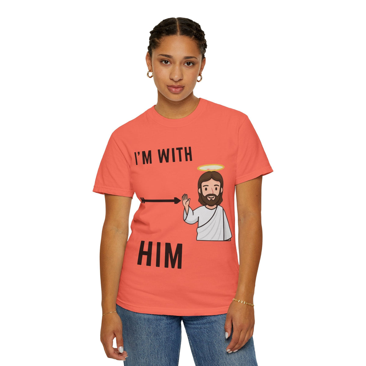 🔥 I’m With Him → Christian T-Shirt | Arrow Pointing to Jesus | Minimalist Faith Tee | Subtle Cross Design | Bible-Inspired Apparel by Uplifted Gear Printify