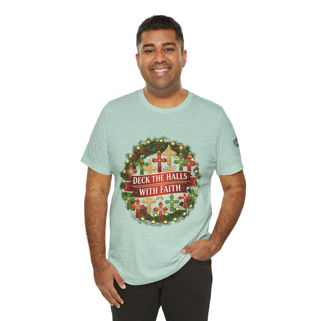 🎄 Deck the Halls with Faith – Christian Christmas T-Shirt | Cross Ornament Design & Festive Garland | Bold Holiday Faith Tee by Uplifted Gear Printify