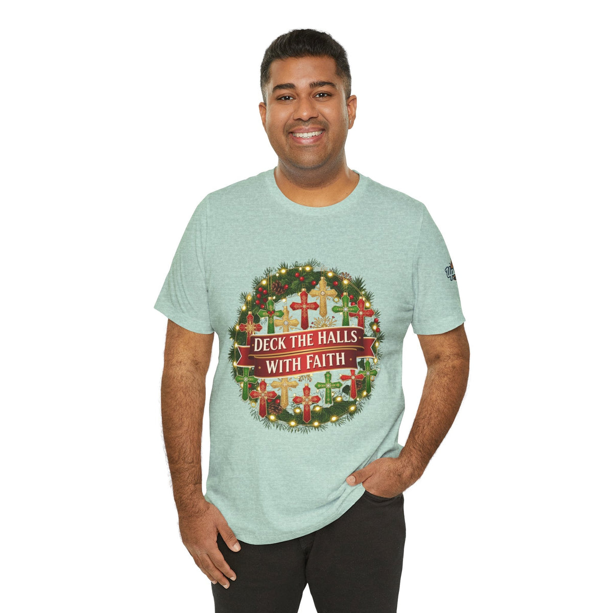 🎄 Deck the Halls with Faith – Christian Christmas T-Shirt | Cross Ornament Design & Festive Garland | Bold Holiday Faith Tee by Uplifted Gear Printify