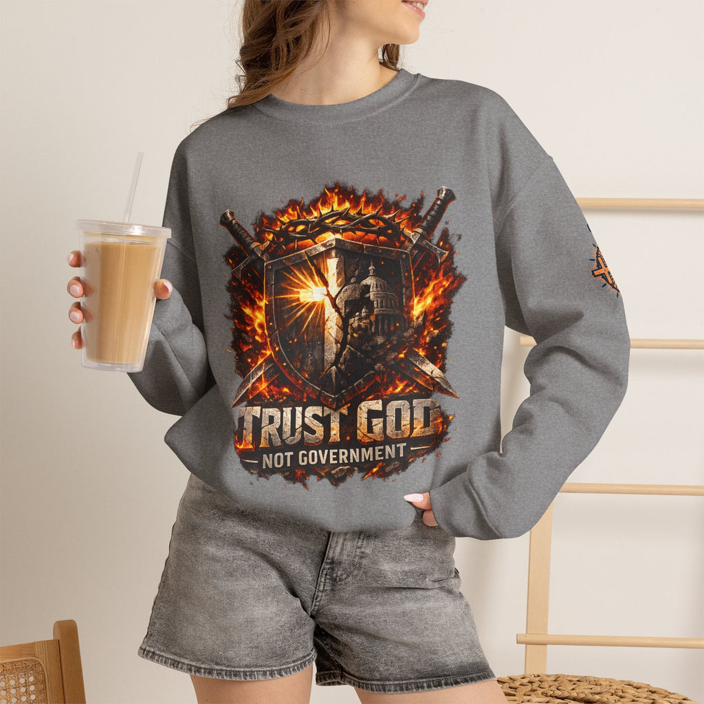 Trust God Not Government Shield Sweatshirt — Patriotic Christian Faith Sweatshirt Printify