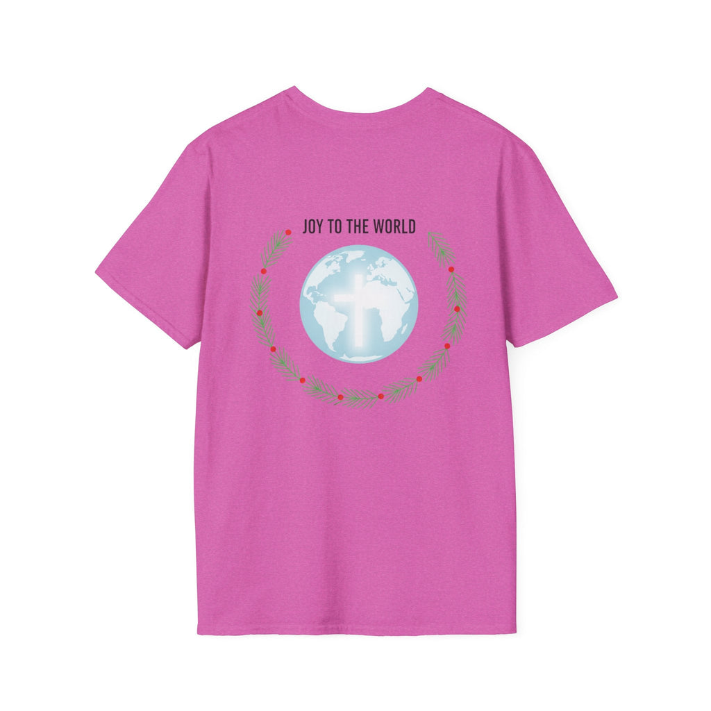 Joy to the World T-shirt – Wreath Earth Nativity Christian Christmas T-shirt for Isaiah 9:6 Holiday Faith & Festive Joy Printify