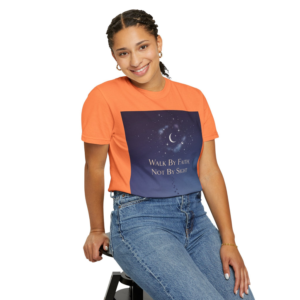 Walk by Faith, Not by Sight T-Shirt – Footprints in the Sand Christian Moonlit Tee Printify