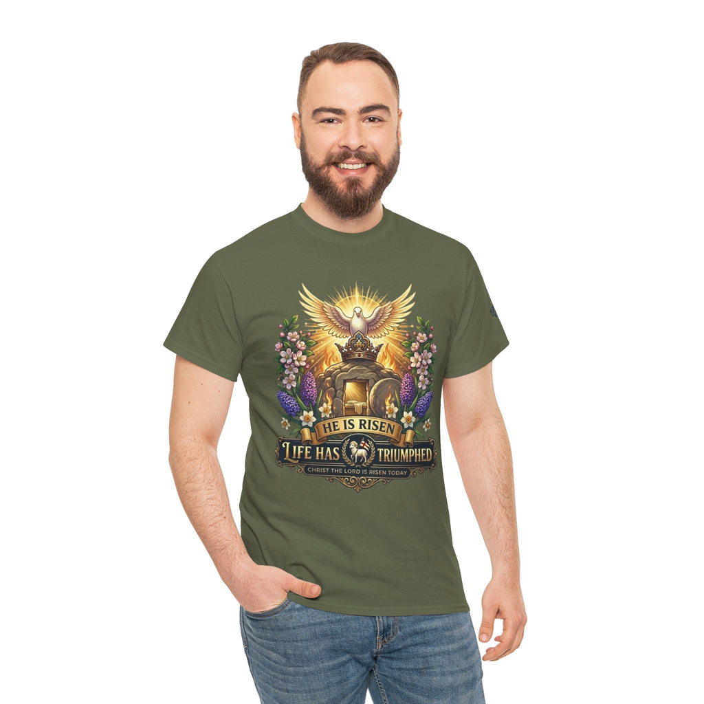 He Is Risen "Life Has Triumphed" T-Shirt — Easter Resurrection Christian Tee Printify