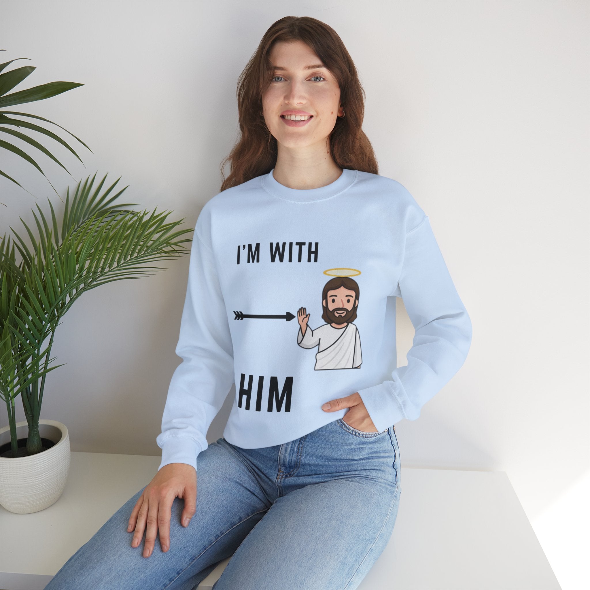 🔥 I’m With Him → Christian Sweatshirt | Arrow Pointing to Jesus | Minimalist Faith Tee | Subtle Cross Design | Bible-Inspired Apparel by Uplifted Gear Printify