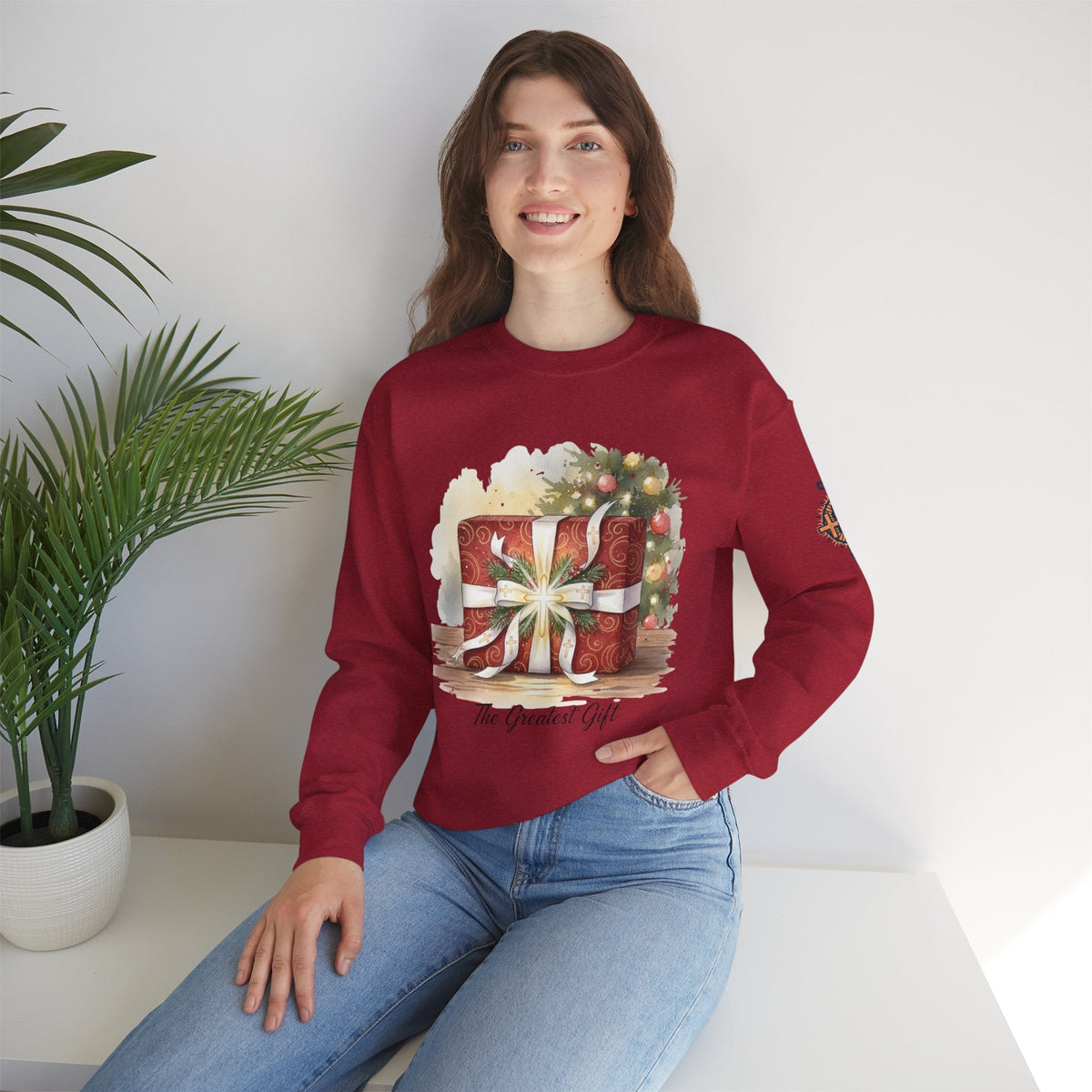 The Greatest Gift Sweatshirt – Cross Bow Present Christian Sweatshirt for Christmas Salvation & Eternal Faith Printify
