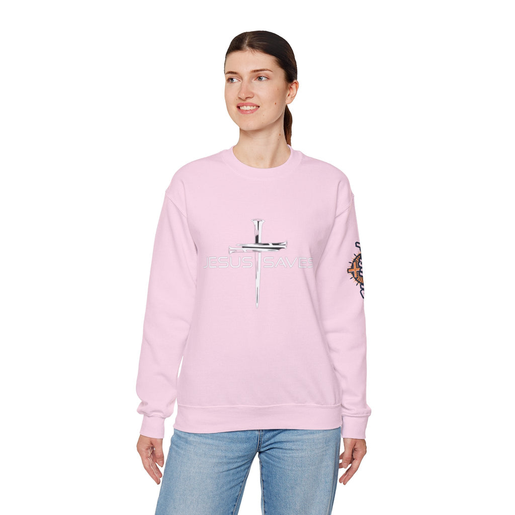 Jesus Saves Sweatshirt – 3 Nails Crucifix Cross Christian Sweatshirt for Redemption Faith & Bold Salvation Printify
