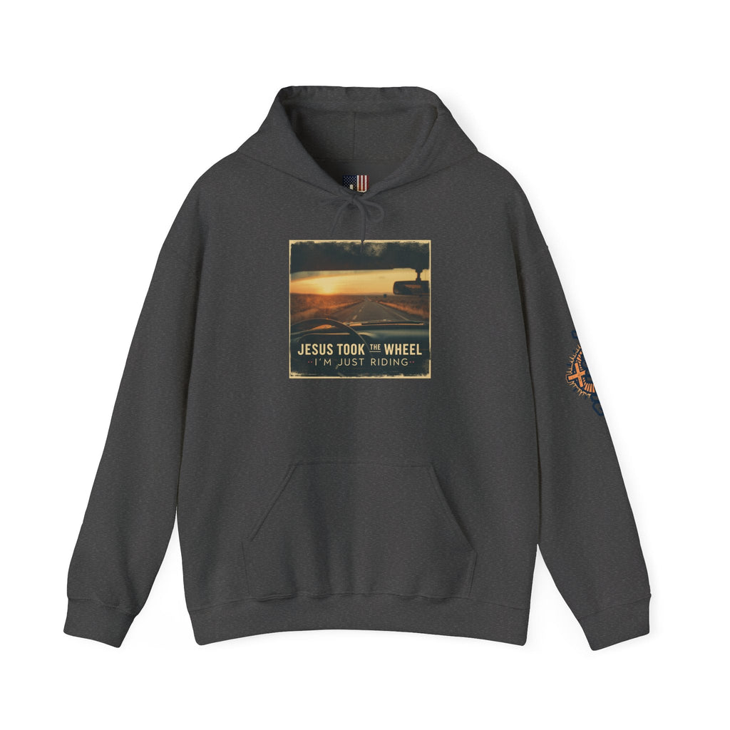 Jesus Took the Wheel I'm Just Riding Hoodie – Funny Christian Convertible Car Sweatshirt for Surrendered Faith & Humor Printify