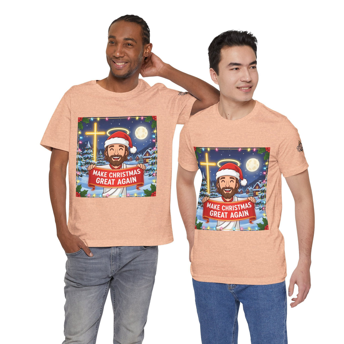 🎄 Make Christmas Great Again – Funny Christian T-Shirt | Jesus Holding Banner | Faith-Based Holiday Parody Tee | Uplifted Gear Printify