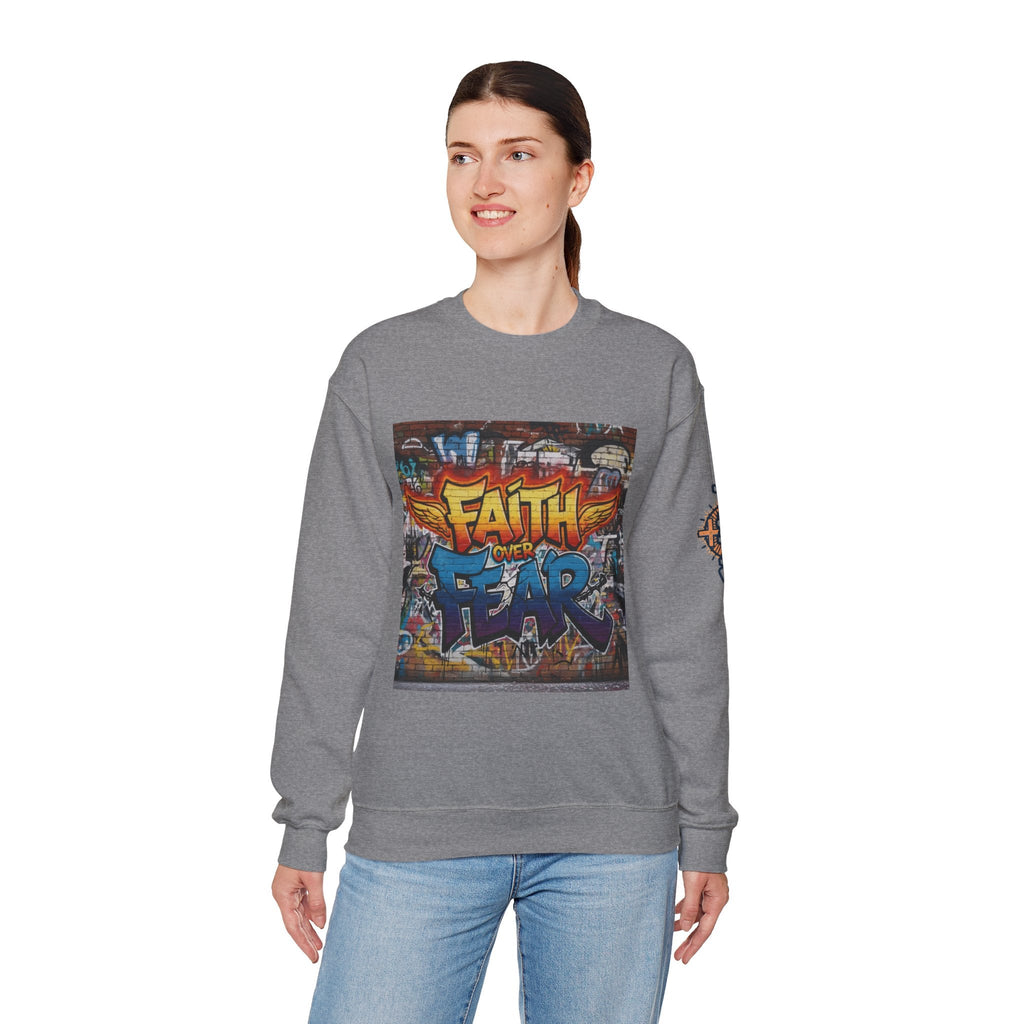 Faith Over Fear Sweatshirt – Graffiti Wall Christian Sweatshirt for Bold 2 Corinthians 5:7 Streetwear & Unshakable Faith Printify