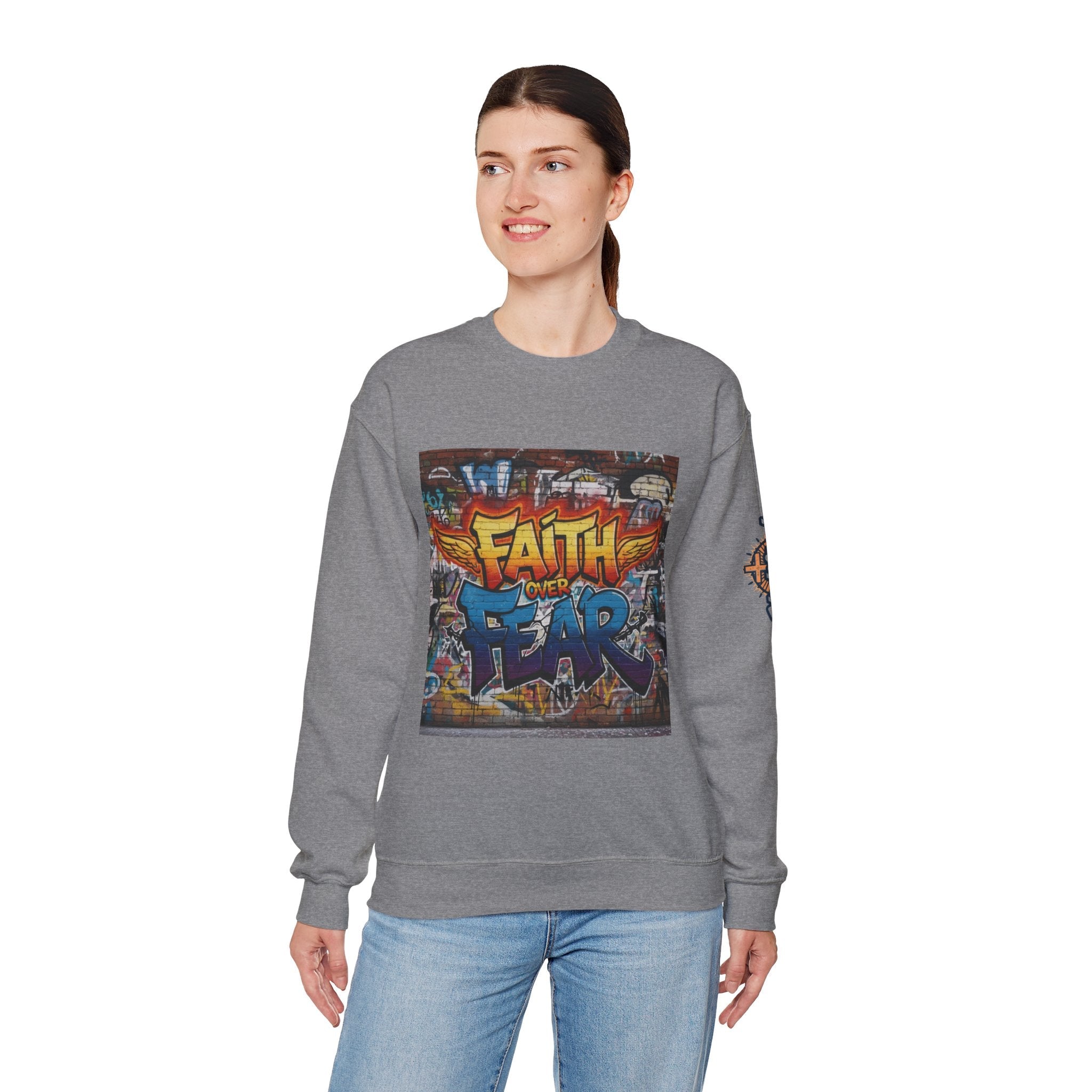 Faith Over Fear Sweatshirt – Graffiti Wall Christian Sweatshirt for Bold 2 Corinthians 5:7 Streetwear & Unshakable Faith Printify