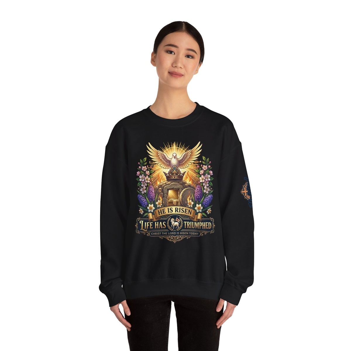 He Is Risen "Life Has Triumphed" Sweatshirt — Easter Resurrection Christian Sweatshirt Printify