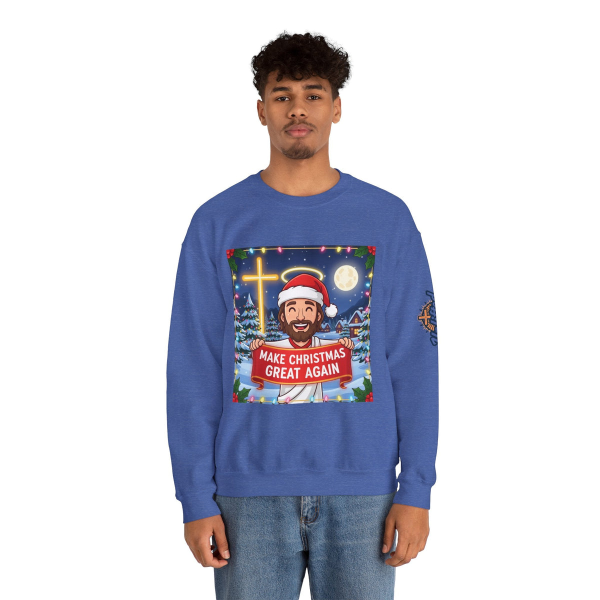 🎄 Make Christmas Great Again – Funny Christian Sweatshirt | Jesus Holding Banner | Faith-Based Holiday Parody Tee | Uplifted Gear Printify