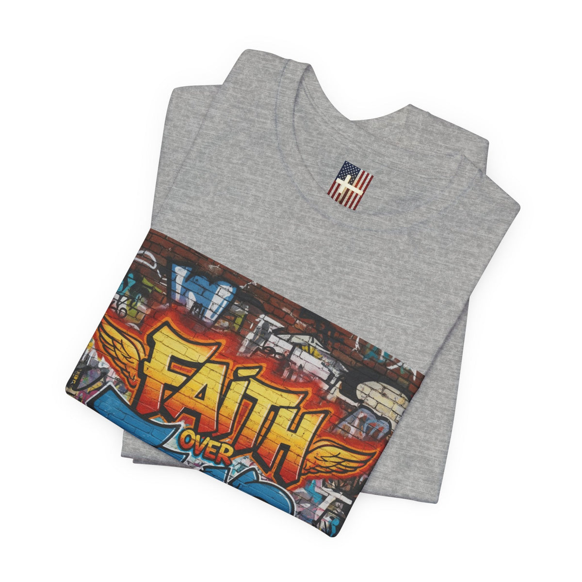 Faith Over Fear T-shirt – Graffiti Wall Christian T-shirt for Bold 2 Corinthians 5:7 Streetwear & Unshakable Faith Printify