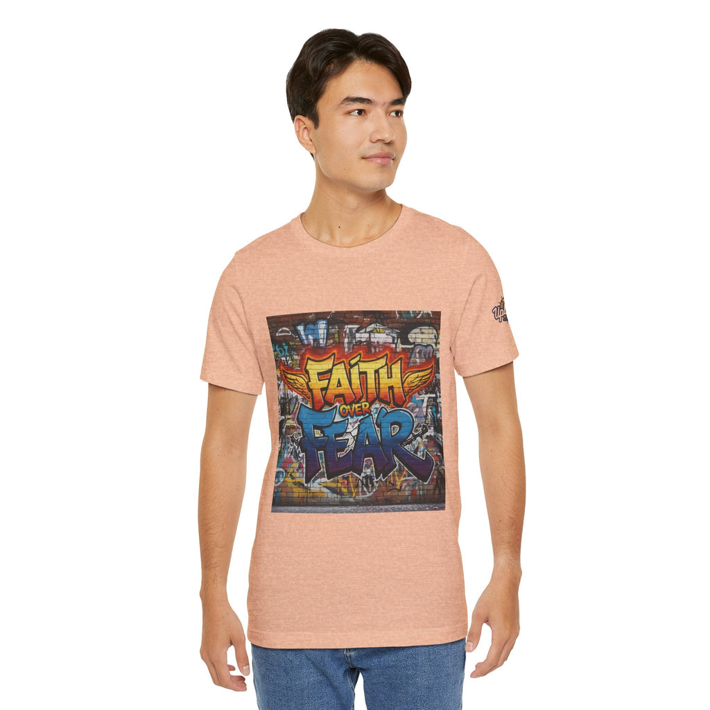 Faith Over Fear T-shirt – Graffiti Wall Christian T-shirt for Bold 2 Corinthians 5:7 Streetwear & Unshakable Faith Printify
