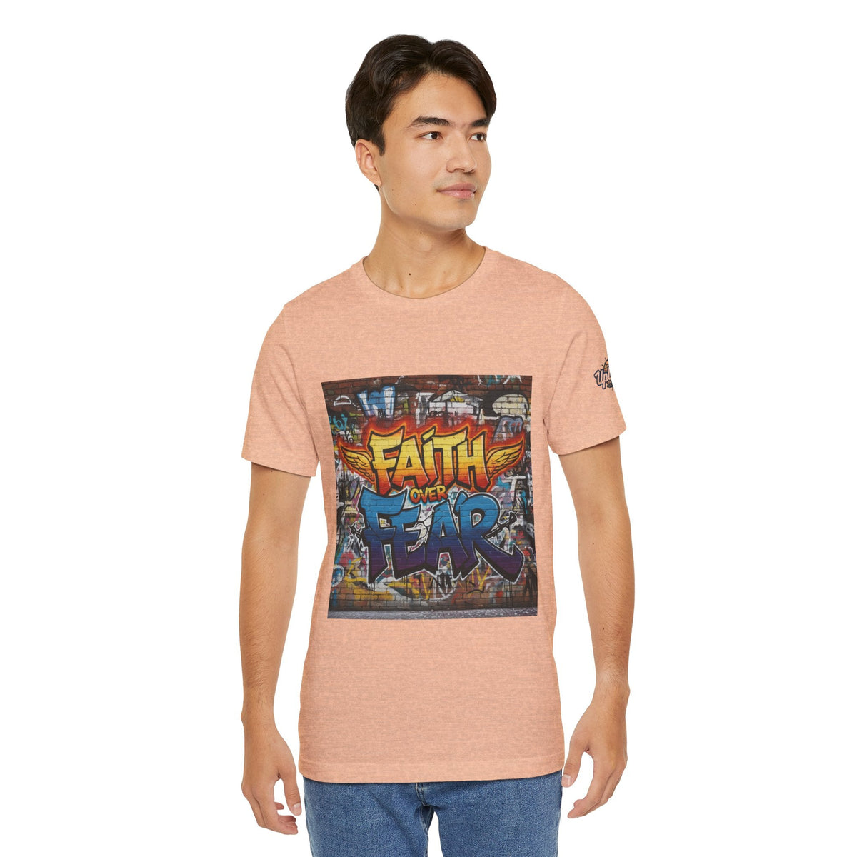 Faith Over Fear T-shirt – Graffiti Wall Christian T-shirt for Bold 2 Corinthians 5:7 Streetwear & Unshakable Faith Printify