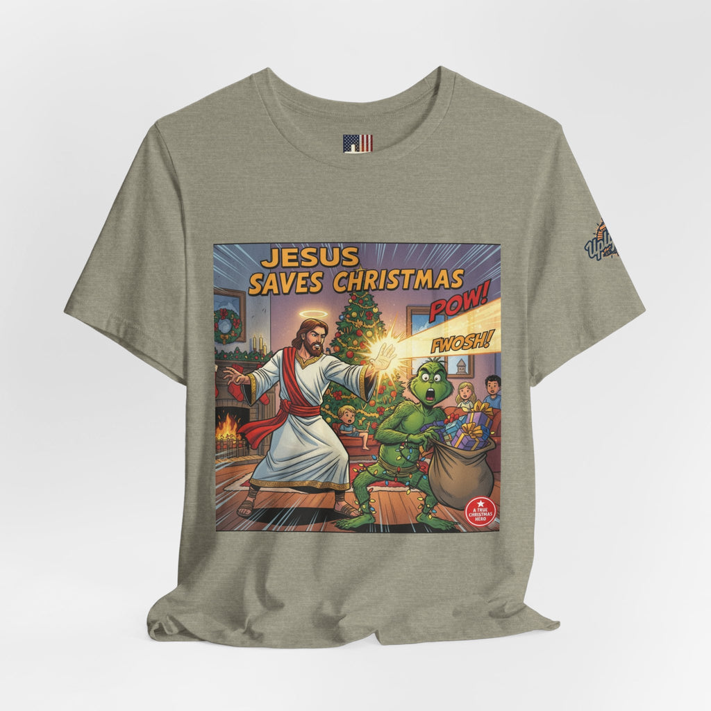 Jesus Saves Christmas T-shirt – Grinch vs Savior Light Battle Christian T-shirt for Hilarious Holiday Faith & True Joy Printify