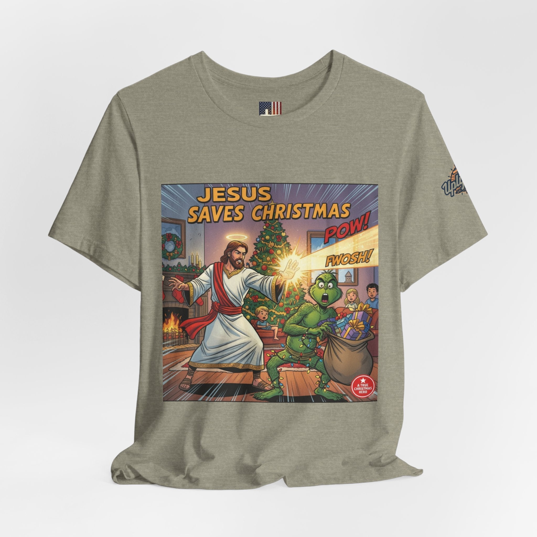 Jesus Saves Christmas T-shirt – Grinch vs Savior Light Battle Christian T-shirt for Hilarious Holiday Faith & True Joy Printify