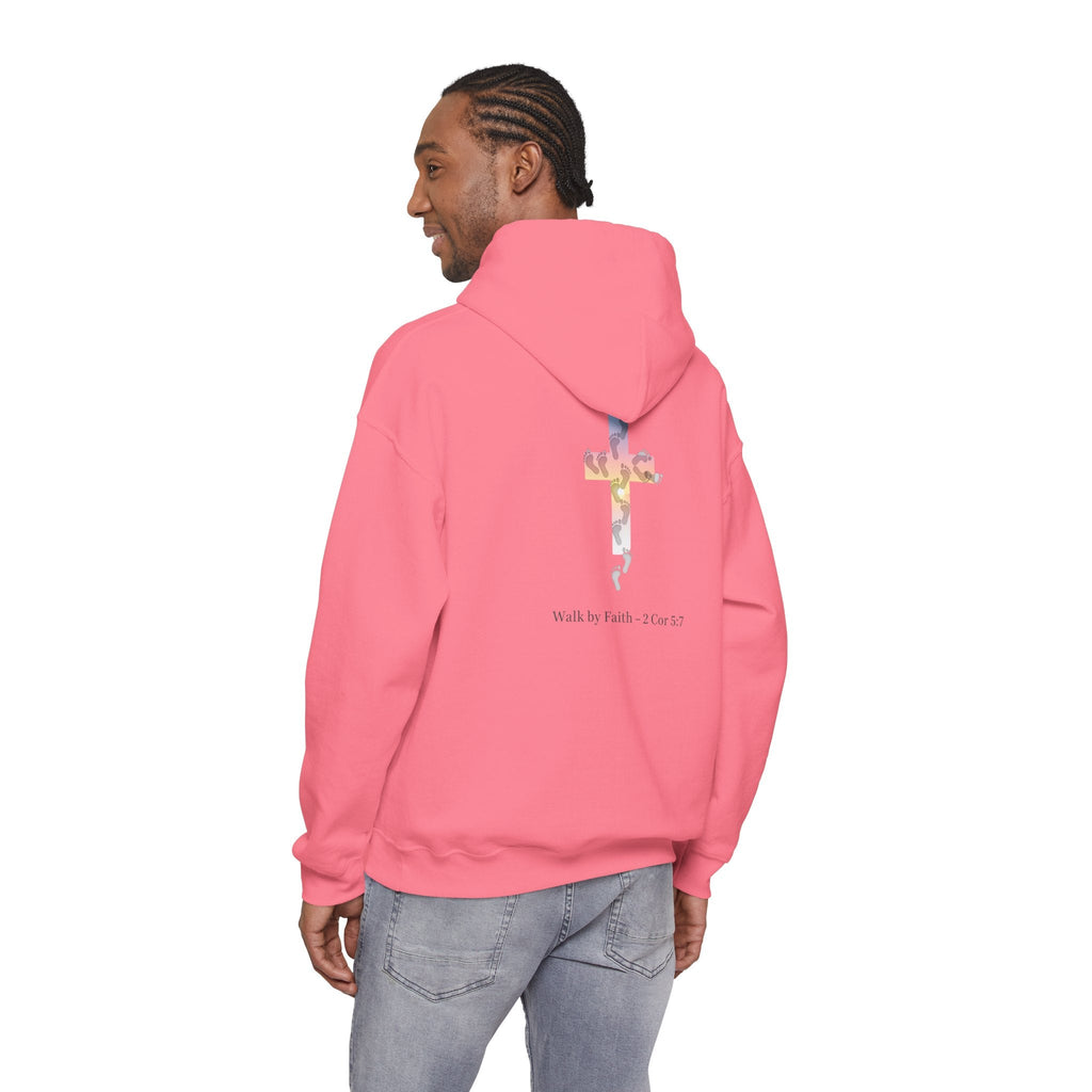 Walk by Faith Hoodie – Cross & Footprints Christian Hoodie for Cozy Inspiration Printify