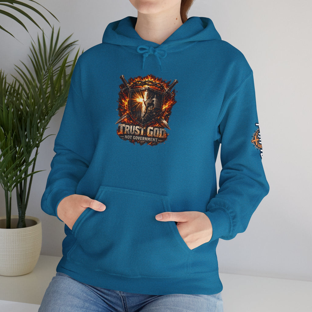 Trust God Not Government Shield Hoodie — Patriotic Christian Faith Hoodie Printify